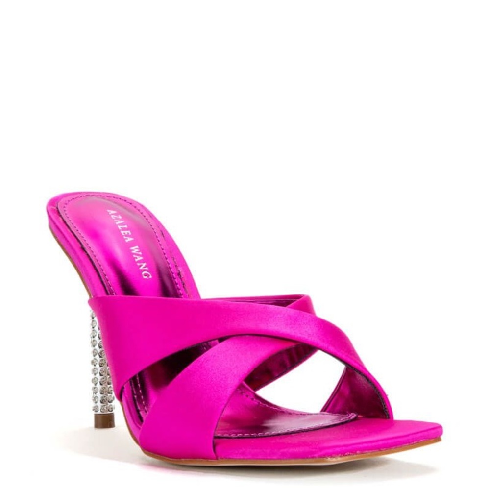 Azalea Wang Satin Fuchsia Rhinestone Embellished High Heel Mule